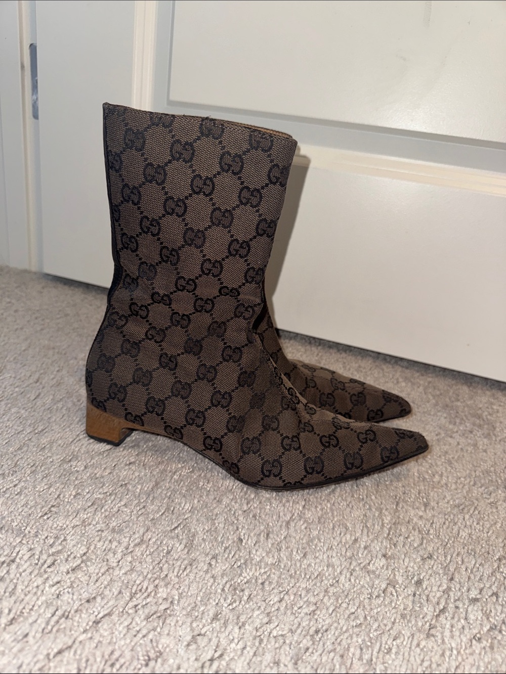 Gucci Brown GG Canvas Pointed Ankle Booties